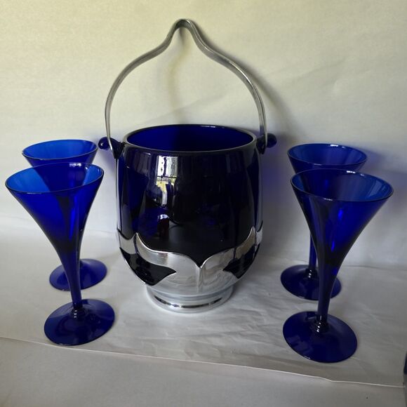 Lot Vintage Farber Bros Cobalt Blue Glass Ice Bucket, Creamer Art Deco 4 Glasses - Picture 3 of 16